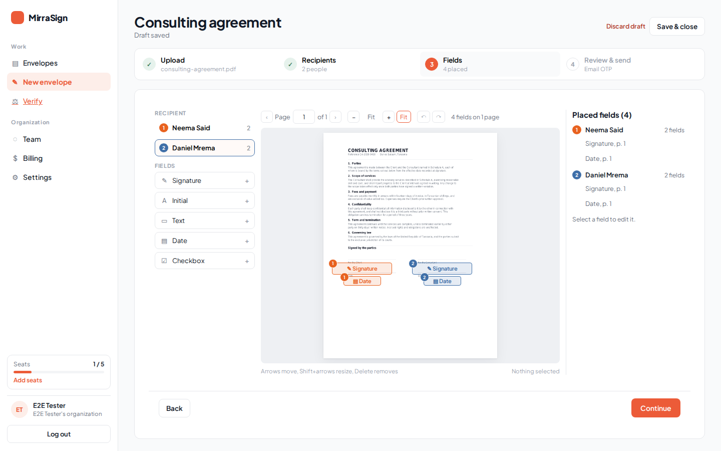 The field editor, with signature and date fields placed for two signers.